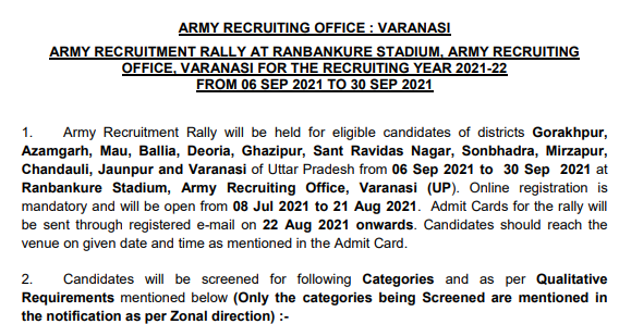 Varanasi Army Bharti Date 2023
